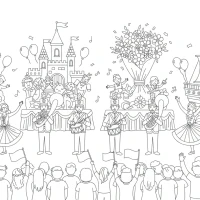 lively parade with marching bands, dancers, and floats