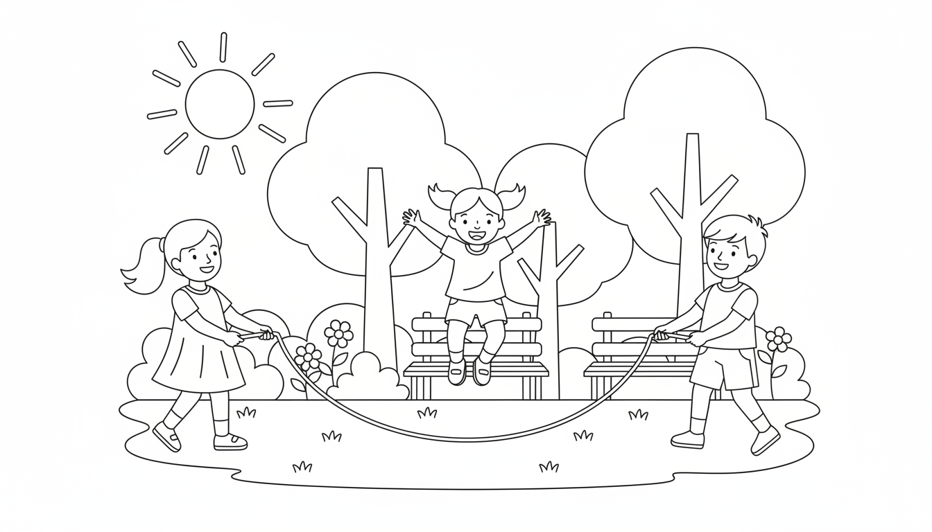 Children playing with jump rope in park coloring page to print