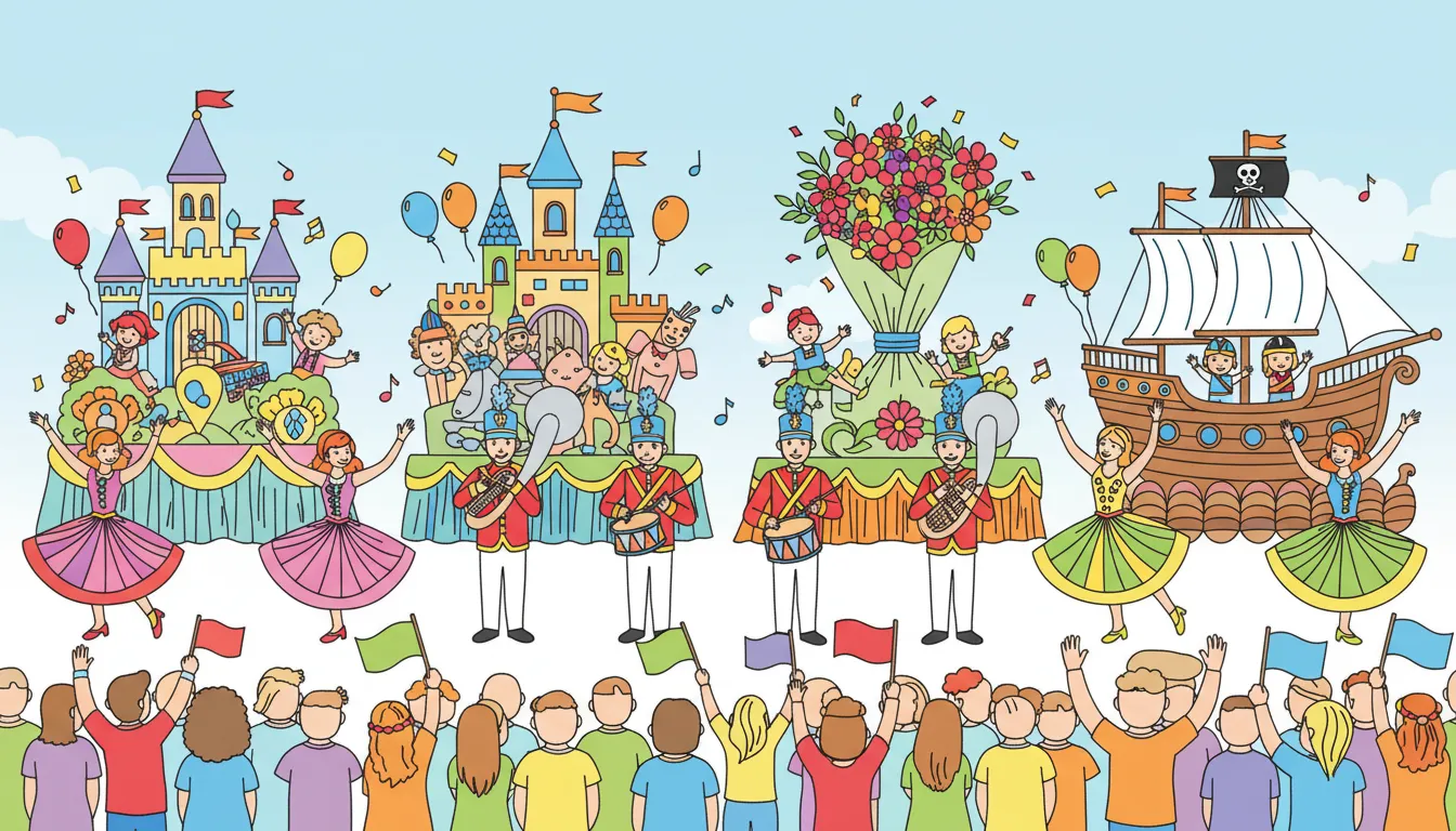 lively parade with marching bands, dancers, and floats coloring page to print