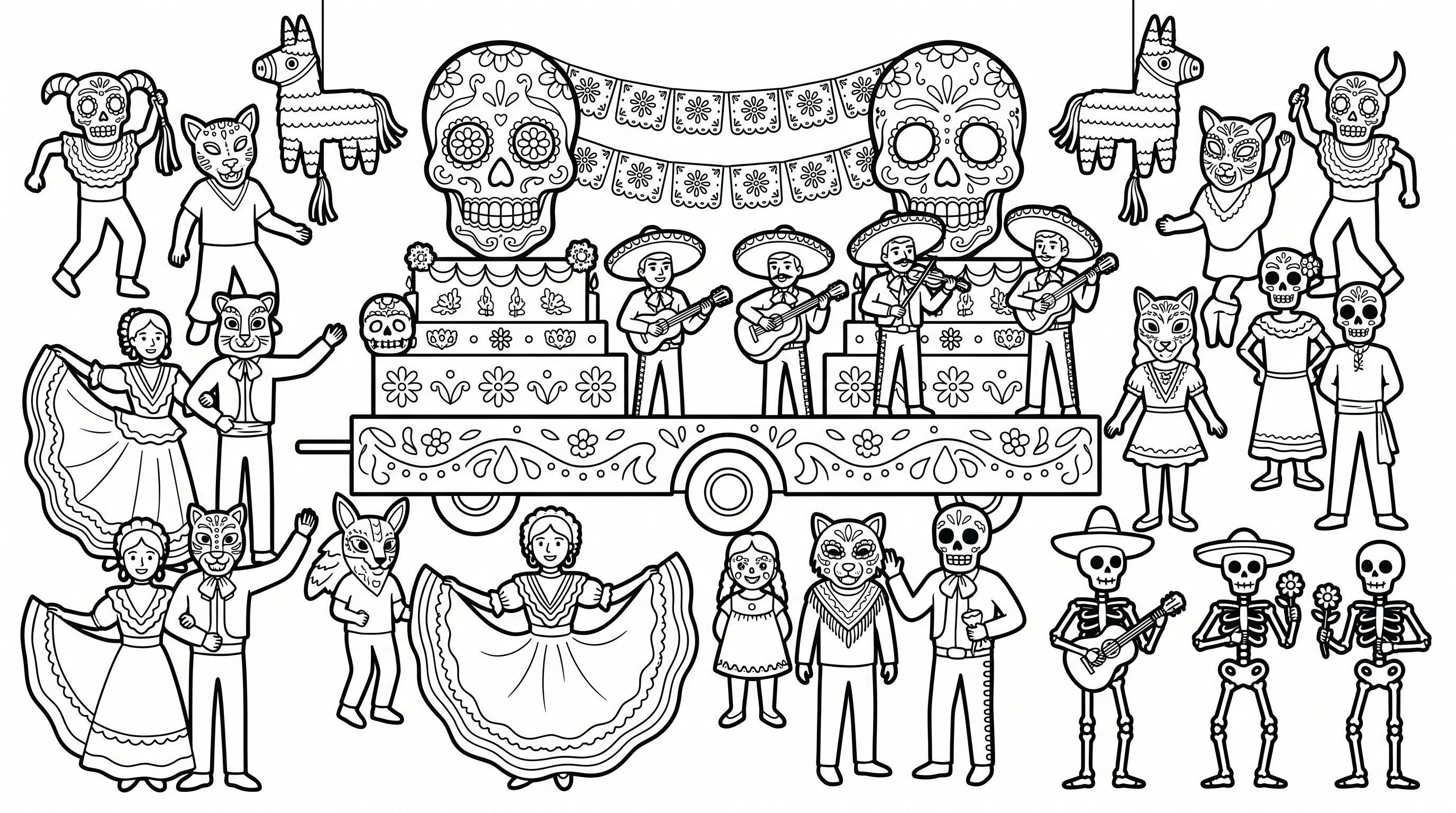 Mexico festival with dancers, masks and floats coloring page to print