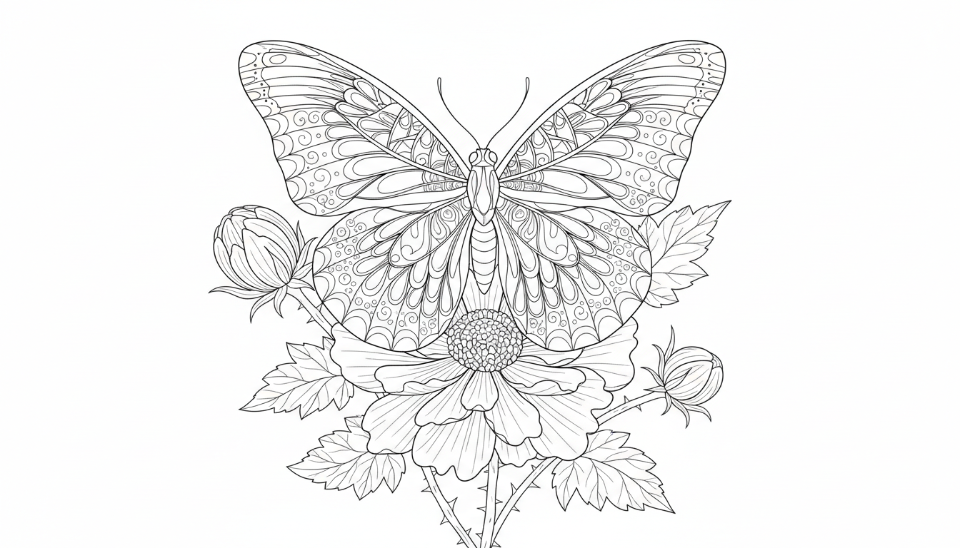Colorful butterfly on flower coloring page to print