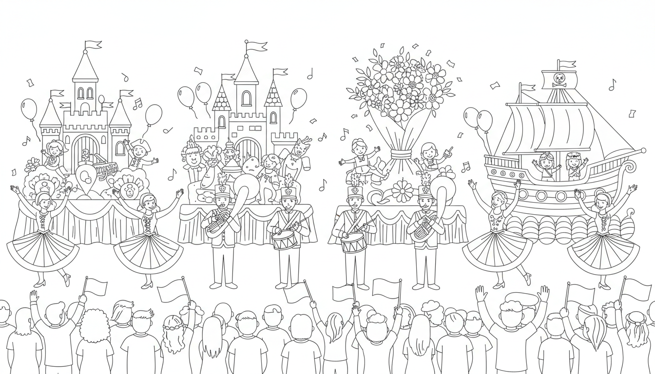 lively parade with marching bands, dancers, and floats coloring page to print