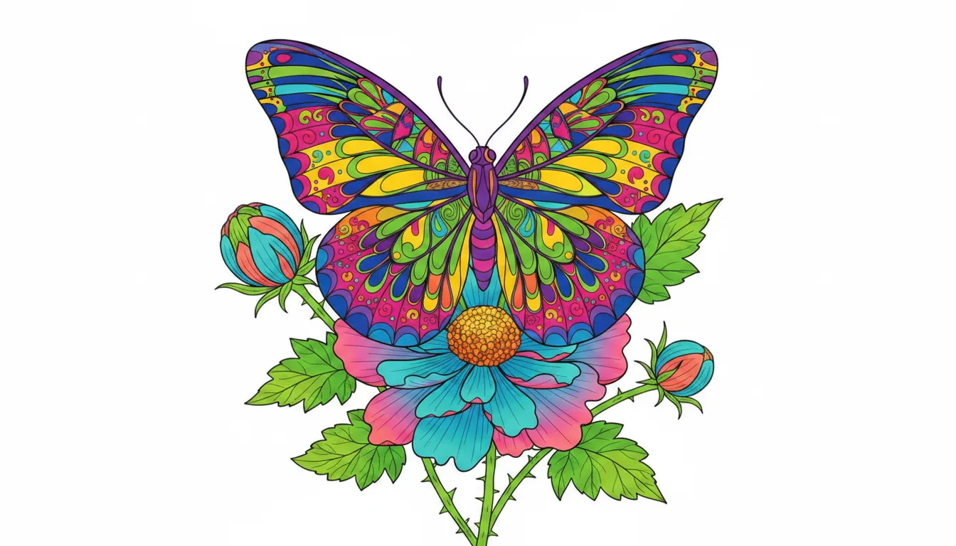 Colorful butterfly on flower coloring page to print