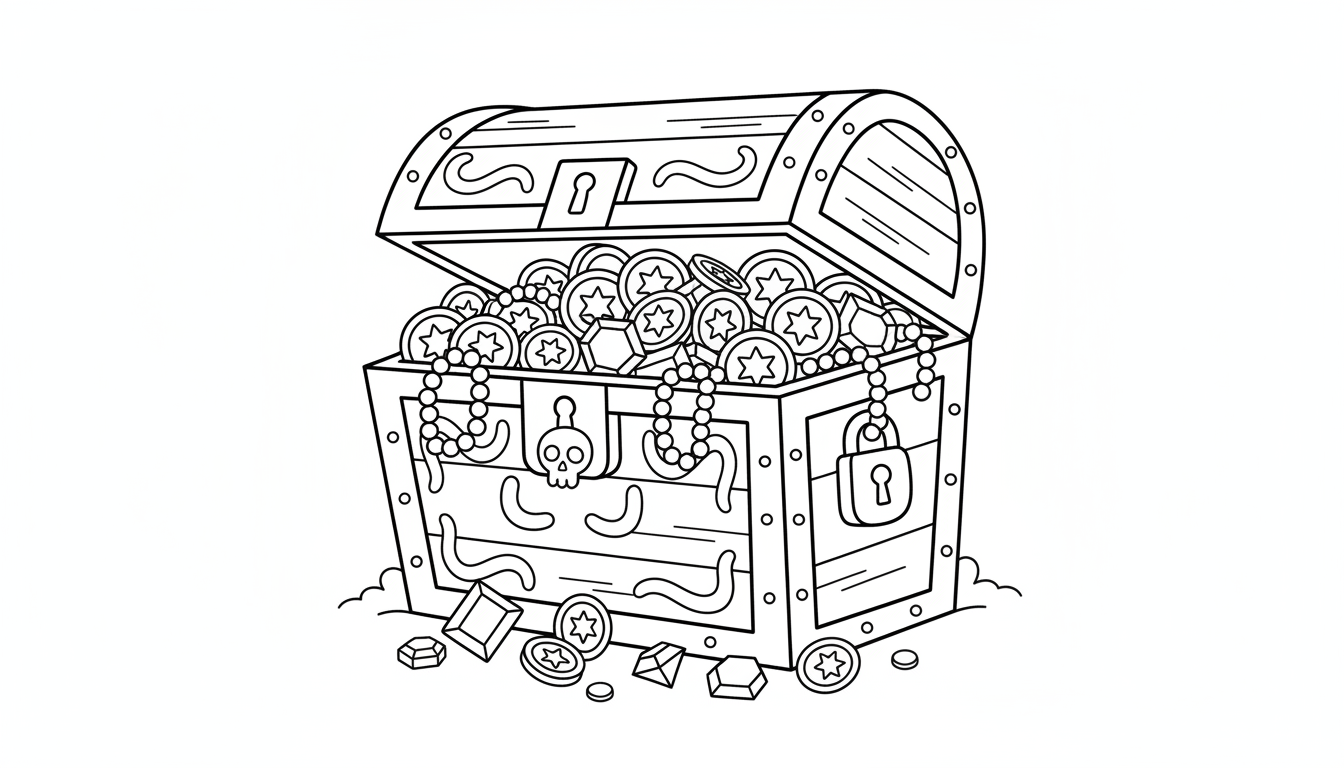 Whimsical pirate’s treasure chest with coins and jewels coloring page to print