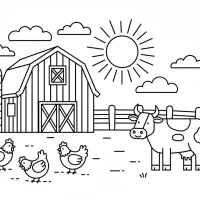 Farm scene with barn, chickens and cow