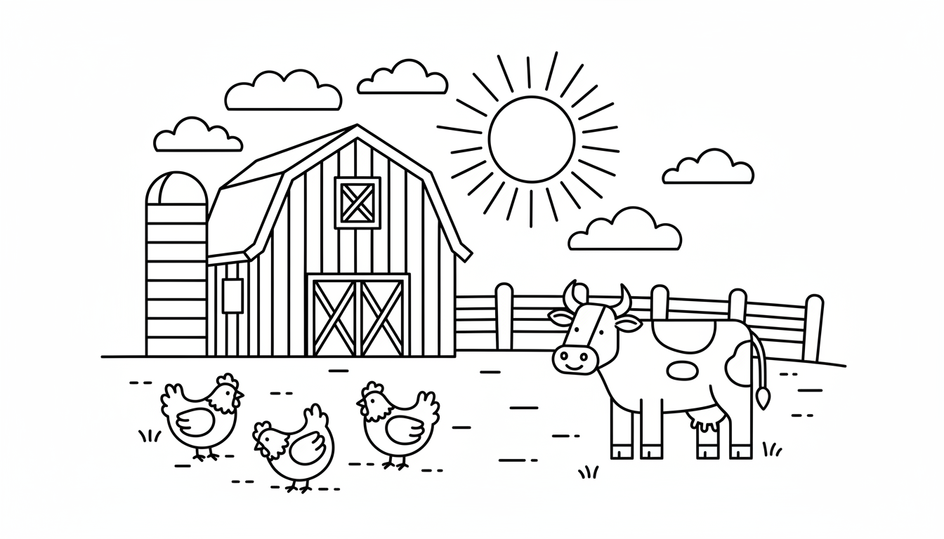 Farm scene with barn, chickens and cow coloring page to print