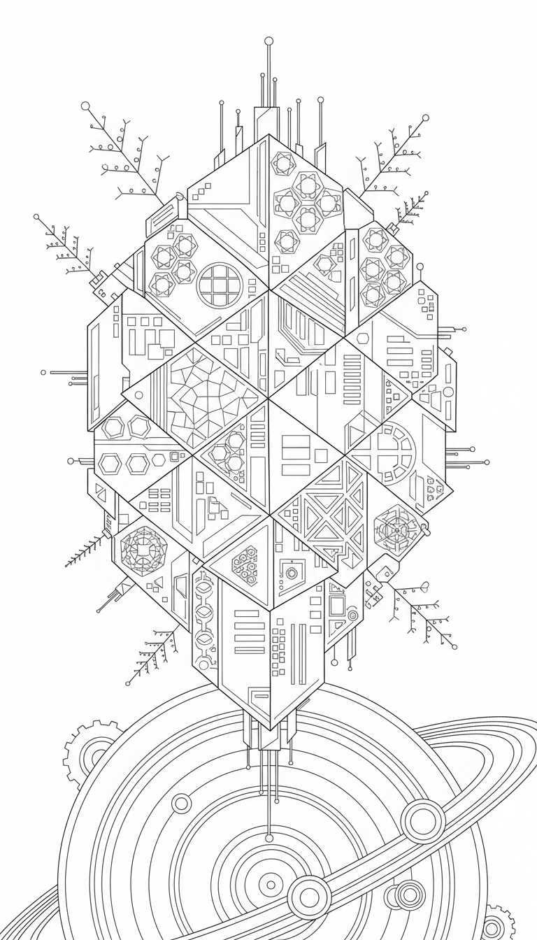futuristic space station orbiting distant planet coloring page to print