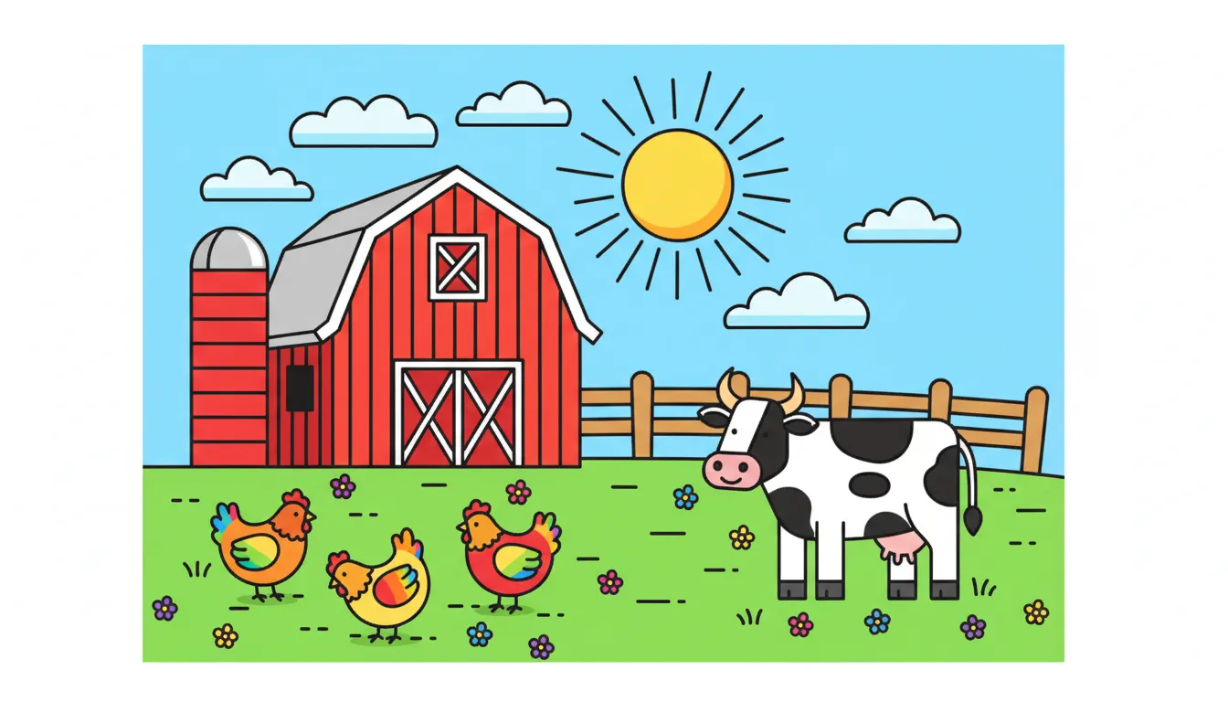 Farm scene with barn, chickens and cow coloring page to print
