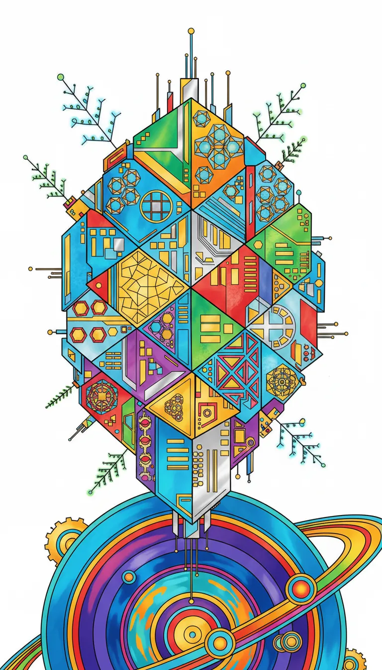 futuristic space station orbiting distant planet coloring page to print
