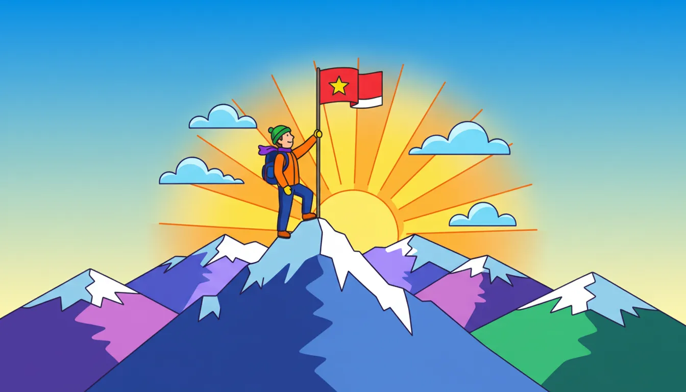 Mountain climber reaching summit at sunrise coloring page to print