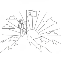 Mountain climber reaching summit at sunrise