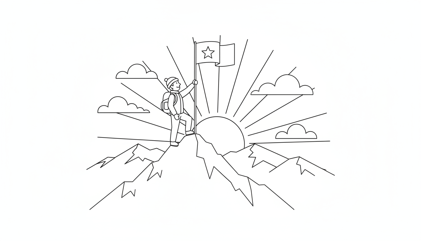 Mountain climber reaching summit at sunrise coloring page to print